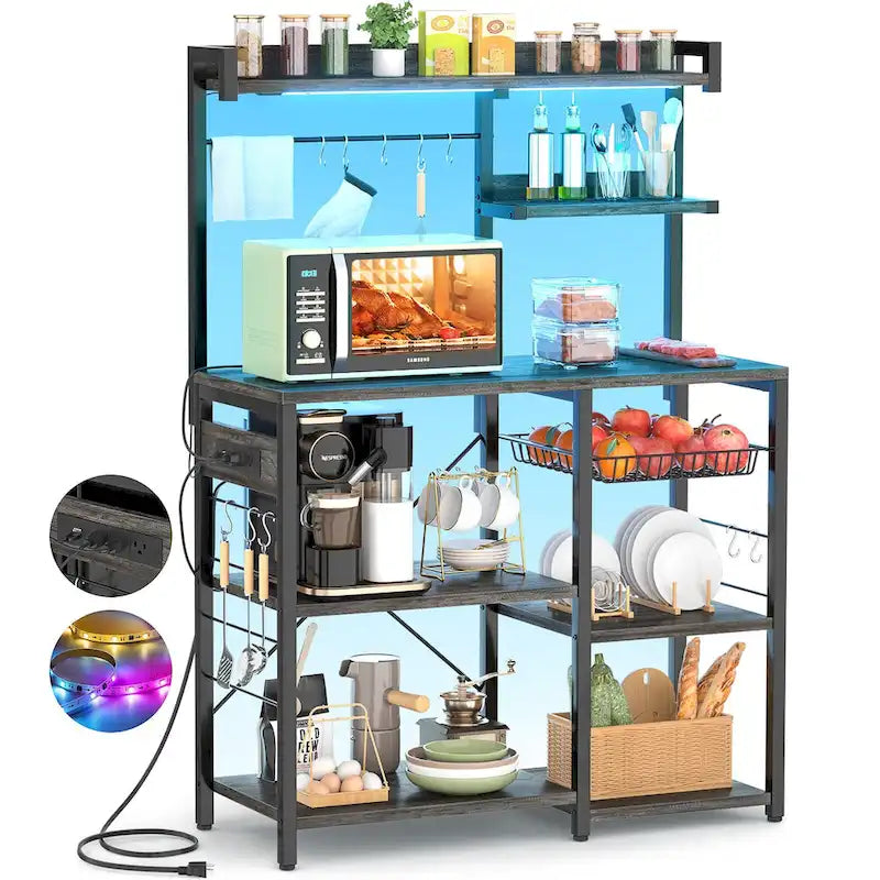 Bakers Rack with Power Outlet and LED Light Strings, Kitchen Storage Shelf
