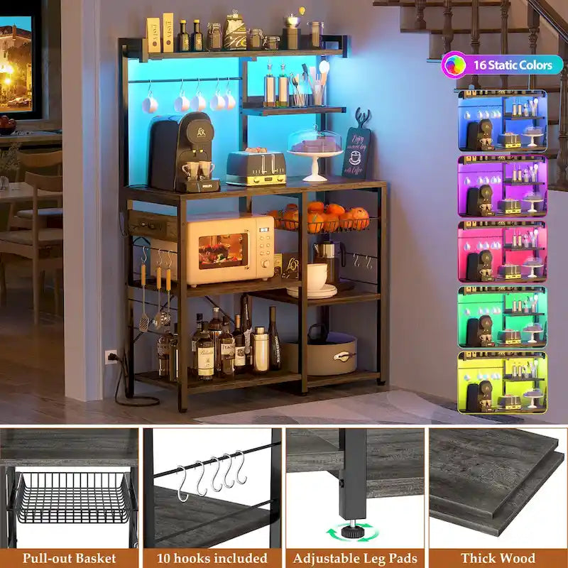 Bakers Rack with Power Outlet and LED Light Strings, Kitchen Storage Shelf