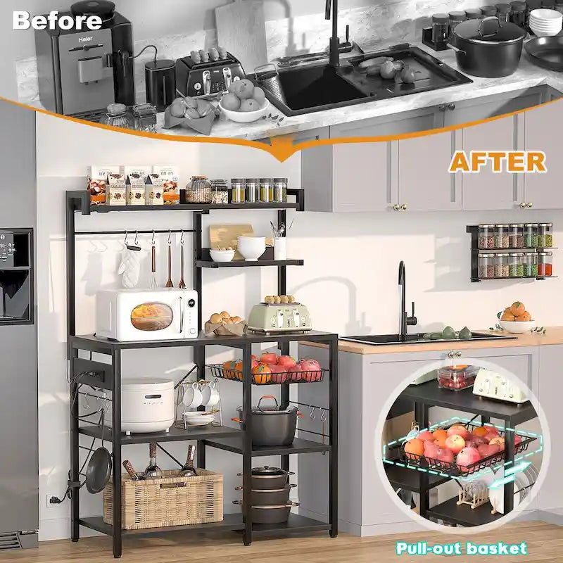 Bakers Rack with Power Outlet and LED Light Strings, Kitchen Storage Shelf