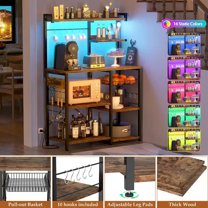 Bakers Rack with Power Outlet and LED Light Strings, Kitchen Storage Shelf