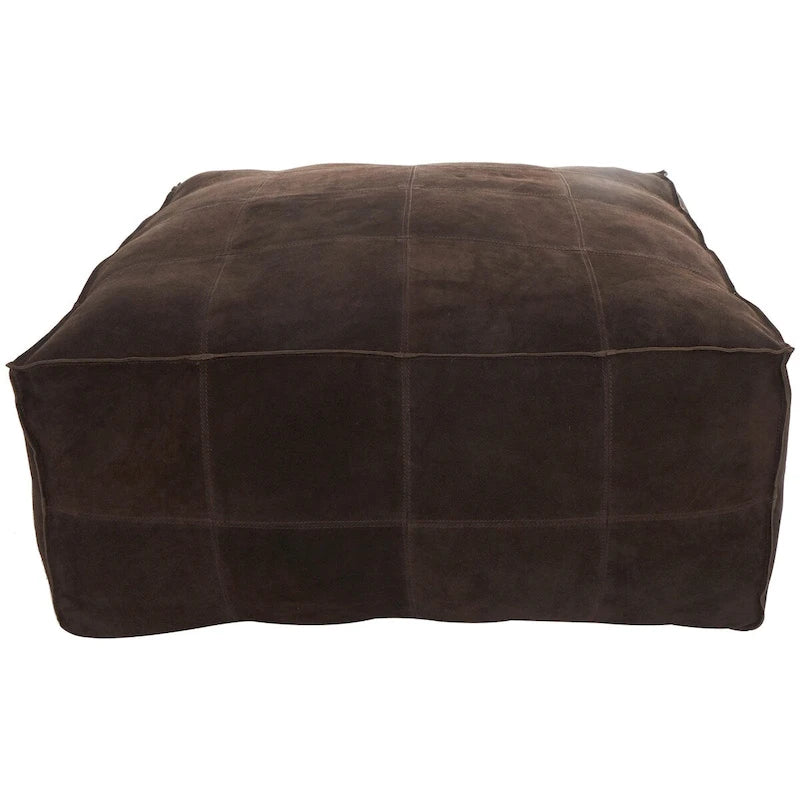 Leather Low Profile Square Pouf with Patchwork Design - Brown, Gray or Dark Brown- Roche River Decor
