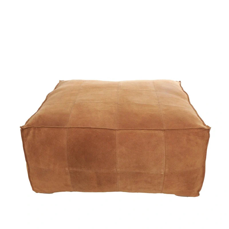 Leather Low Profile Square Pouf with Patchwork Design - Brown, Gray or Dark Brown- Roche River Decor