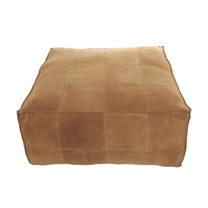 Leather Low Profile Square Pouf with Patchwork Design - Brown, Gray or Dark Brown- Roche River Decor