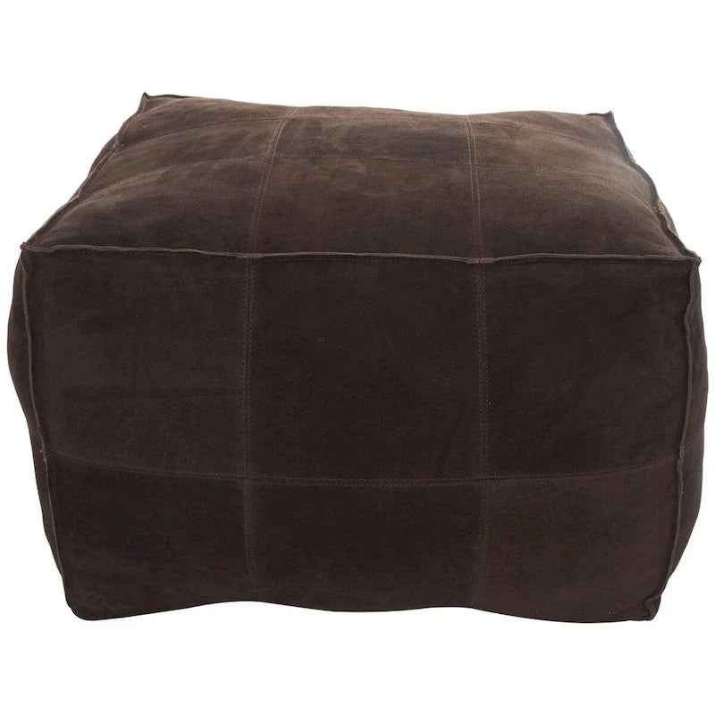 Leather Low Profile Square Pouf with Patchwork Design - Brown, Gray or Dark Brown- Roche River Decor