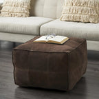 Leather Low Profile Square Pouf with Patchwork Design - Brown, Gray or Dark Brown- Roche River Decor