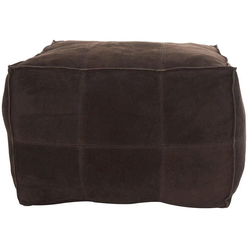 Leather Low Profile Square Pouf with Patchwork Design - Brown, Gray or Dark Brown- Roche River Decor