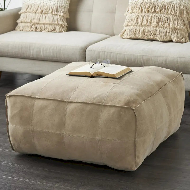 Leather Low Profile Square Pouf with Patchwork Design - Brown, Gray or Dark Brown- Roche River Decor