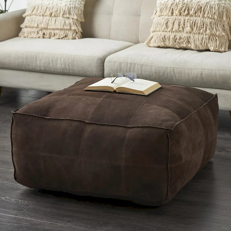 Leather Low Profile Square Pouf with Patchwork Design - Brown, Gray or Dark Brown- Roche River Decor