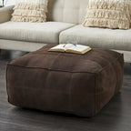 Leather Low Profile Square Pouf with Patchwork Design - Brown, Gray or Dark Brown- Roche River Decor