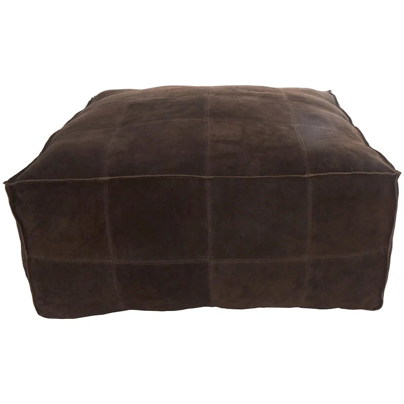 Leather Low Profile Square Pouf with Patchwork Design - Brown, Gray or Dark Brown- Roche River Decor