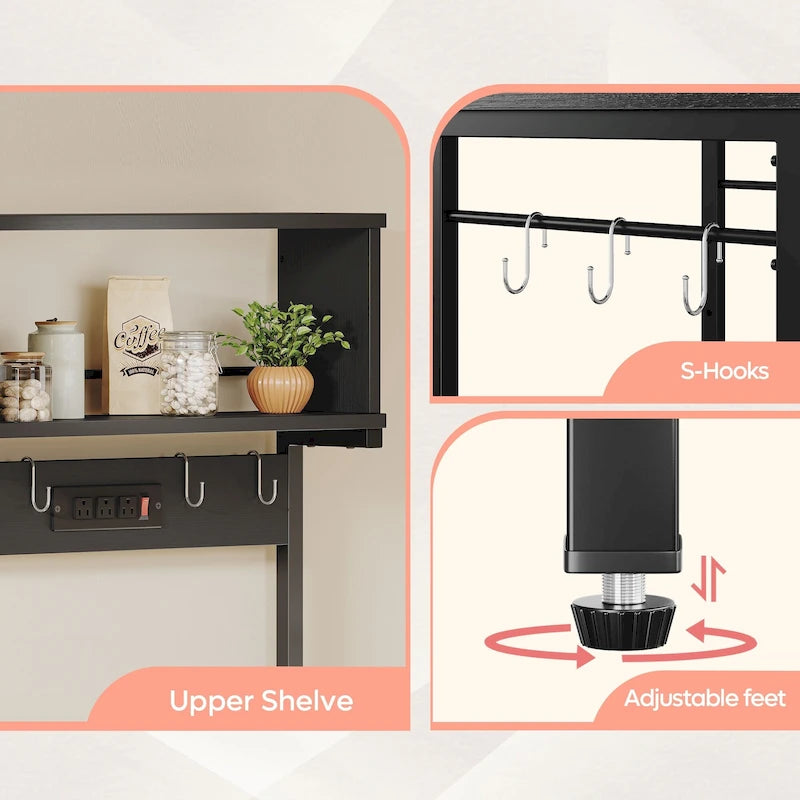 60 Inch Kitchen Baker's Rack with Hutch 8 Side Hooks