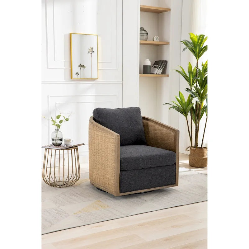 Swivel Barrel Chair, Comfy Round Accent Chair, 360 Degree Swivel Barrel Club Chair, Leisure Arm Chair with Rattan Woven Frame