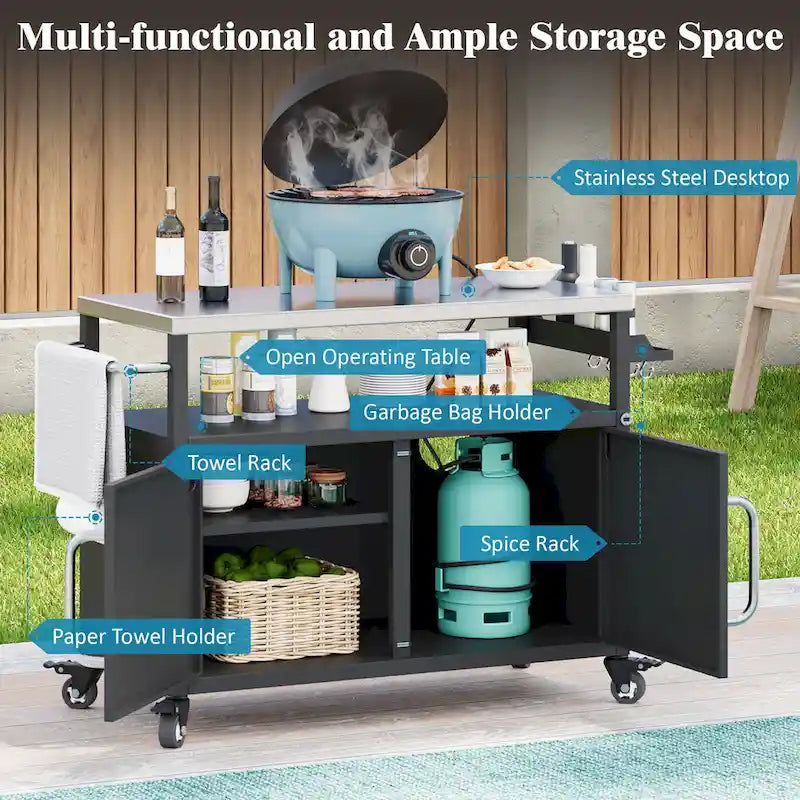 Outdoor Kitchen Island With Stainless Steel Tabletop,Metal Grill Cart Table With Storage Cabinet - N/A
