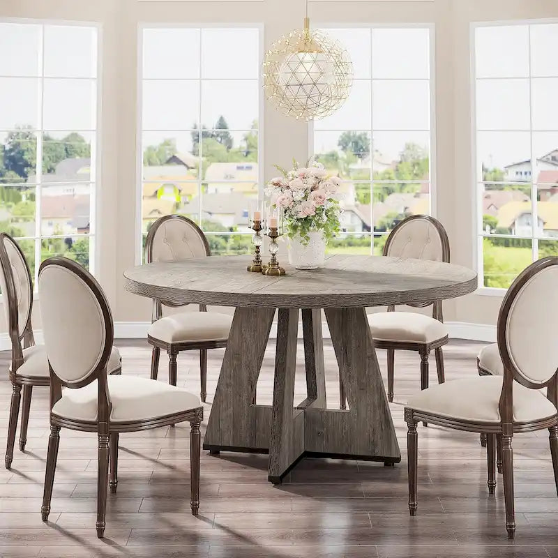 47 Inch Round Dining Table for 4, Wood Farmhouse Dinner Dinning Table for Kitchen Dining Living Room