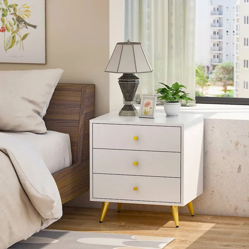 White Nightstands Bedside Table End Table Gold Metal Legs1 Pcs