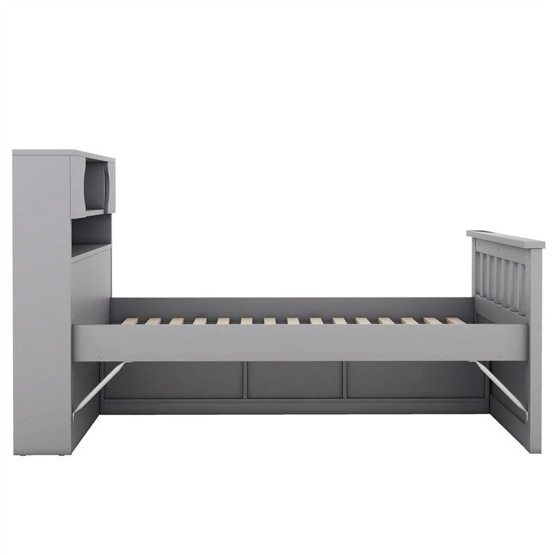 Twin/Full Size Captain Platform Bed with 4 Drawers and Storage Shelves, Solid Wood Bed Frame with Storage Bookcase Headboard