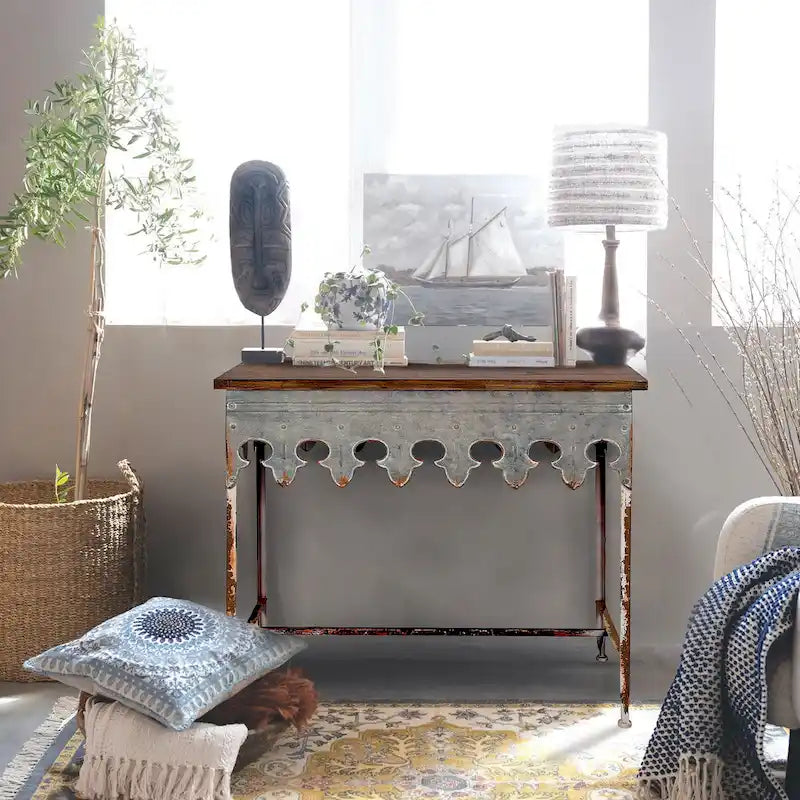 Zinc-Finished Metal and Wood Scalloped Edge Sofa Table