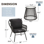 3-Piece Patio Conversation Bistro Set, Outdoor Rattan Furniture Set with Glass Table & 2 Wide Armchairs, Seat Cushions