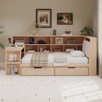 L-shaped Wooden Sofa Daybed with Desk, Bookcase Cabinet, Corner Bed with Under-bed Drawers, Upholstered Headboard Built-in Light
