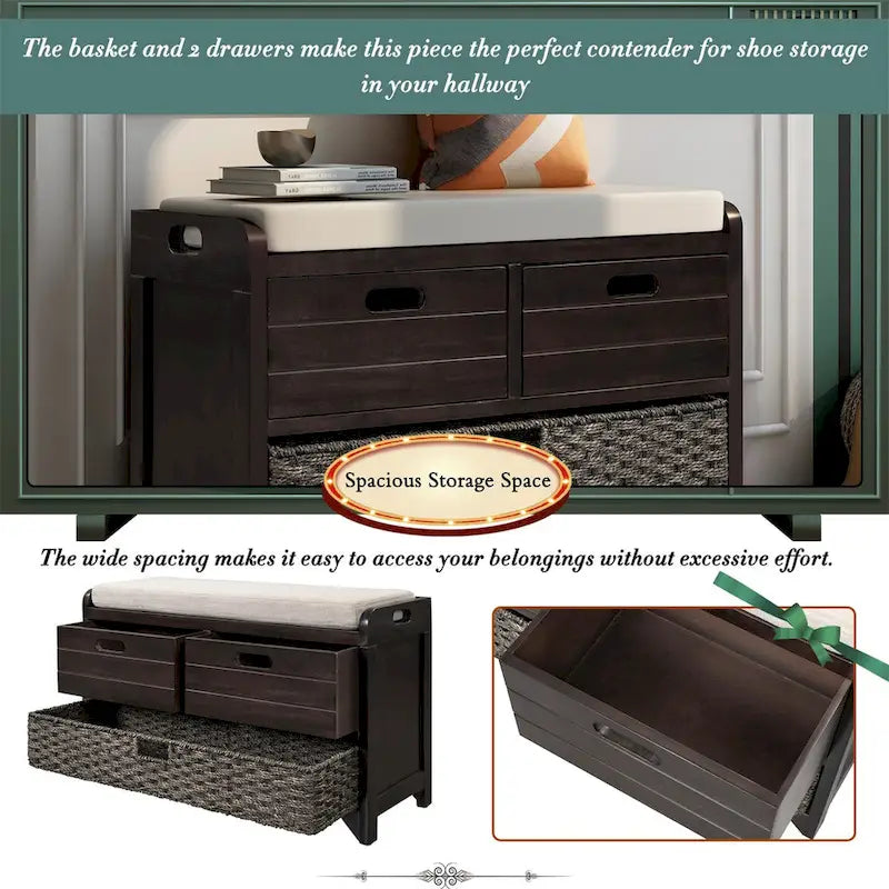 Wood Storage Bench with 2 Woven Baskets by Harper&Bright Designs