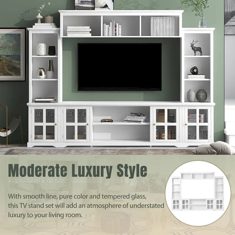 Entertainment Wall Unit with Bridge, Tempered Glass Doors for TVs Up to 70
