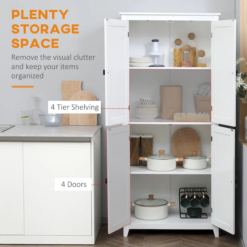 HOMCOM 72 Freestanding 4-Door Kitchen Pantry, Storage Cabinet Organizer with 4-Tiers, and Adjustable Shelves, White