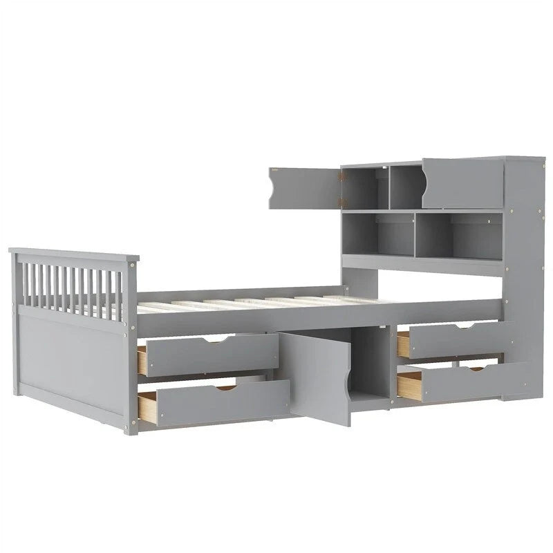 Twin/Full Size Captain Platform Bed with 4 Drawers and Storage Shelves, Solid Wood Bed Frame with Storage Bookcase Headboard