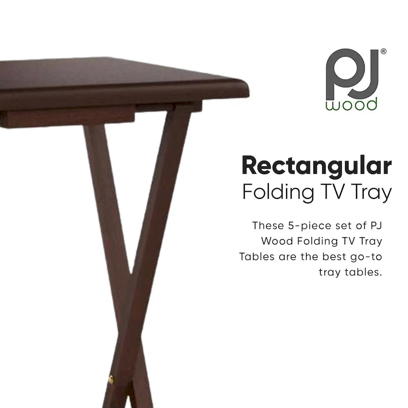 PJ Wood Folding TV Tray Tables with Compact Storage Rack, Espresso, 5 Piece Set - 36.38