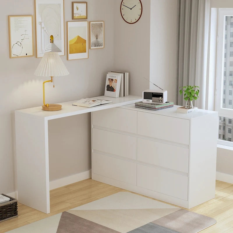 32.7H Rotating Dresser and Desk 6 Drawer Dresser Makeup Vanity White/Black