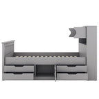 Twin/Full Size Captain Platform Bed with 4 Drawers and Storage Shelves, Solid Wood Bed Frame with Storage Bookcase Headboard