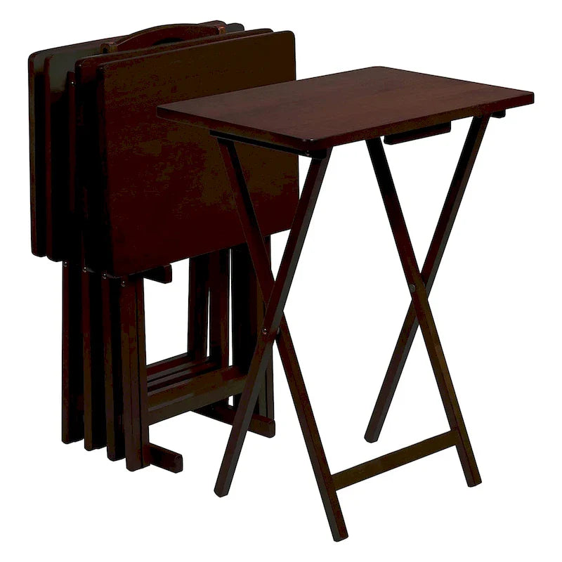 PJ Wood Folding TV Tray Tables with Compact Storage Rack, Espresso, 5 Piece Set - 36.38