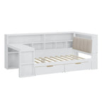 L-shaped Wooden Sofa Daybed with Desk, Bookcase Cabinet, Corner Bed with Under-bed Drawers, Upholstered Headboard Built-in Light