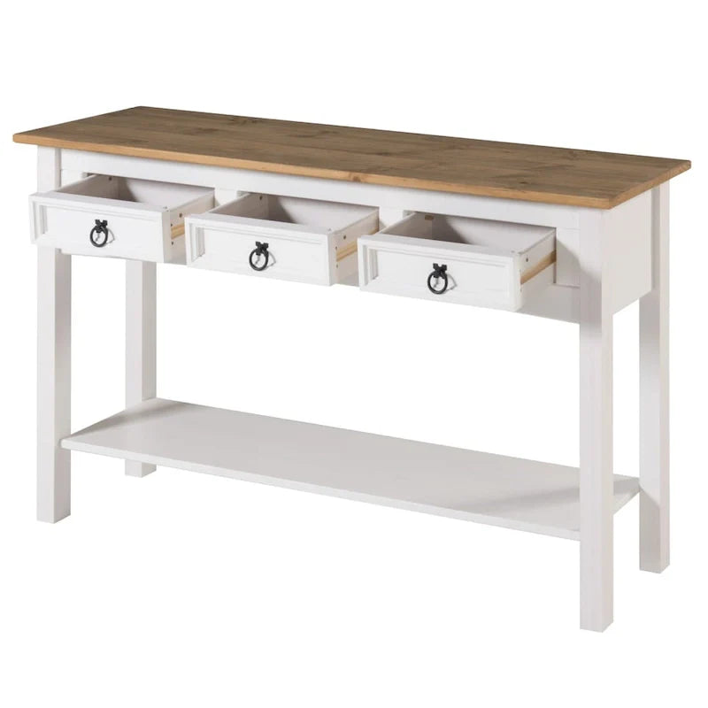 Rustic Solid Pine Console Hall Table, White Wash / Antique Brown / Gray Wash / Unpainted, 3 Drawers
