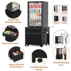 Mini Fridge Stand with Charge Station, Side/ End Table with Storage Drawers and Rolling Cabinet