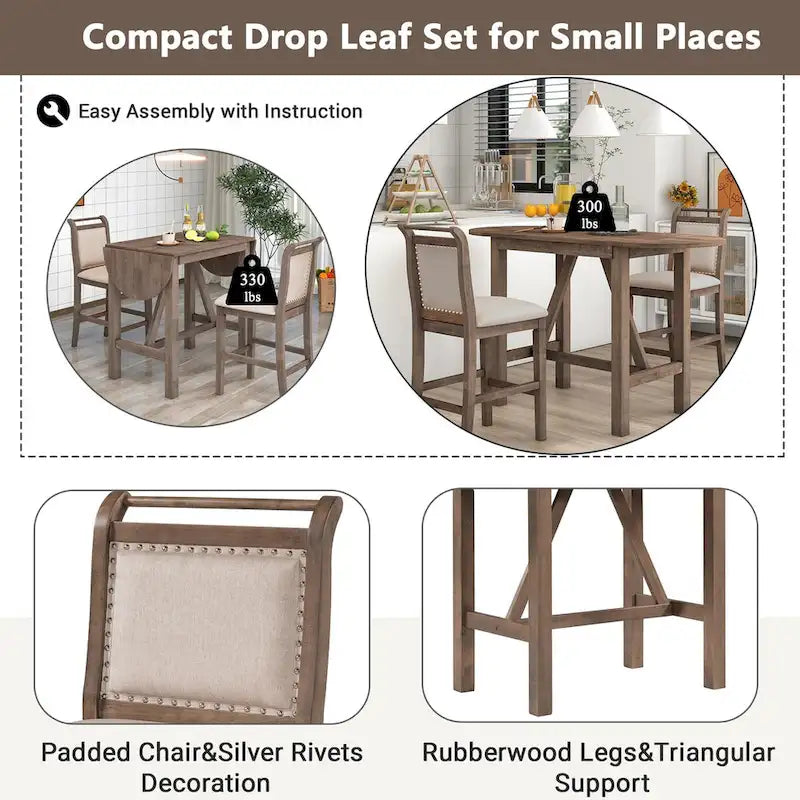 3-Piece Wood Counter Height Drop Leaf Dining Table Set