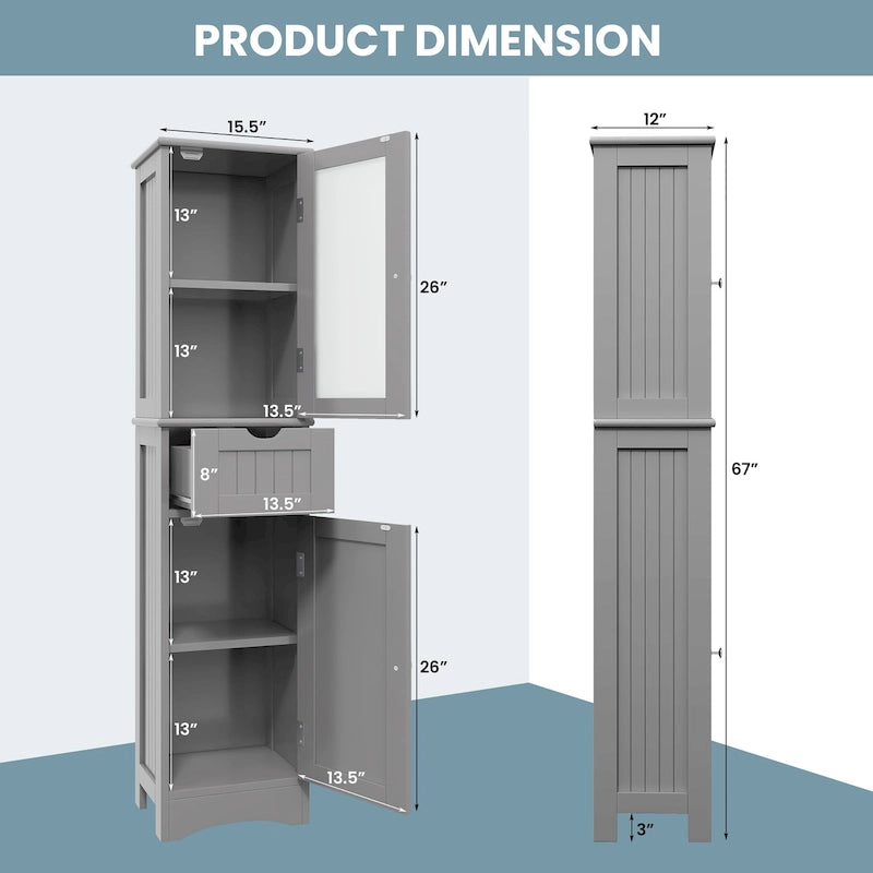 Bathroom Tall Cabinet Freestanding Linen Tower with Doors & Drawer