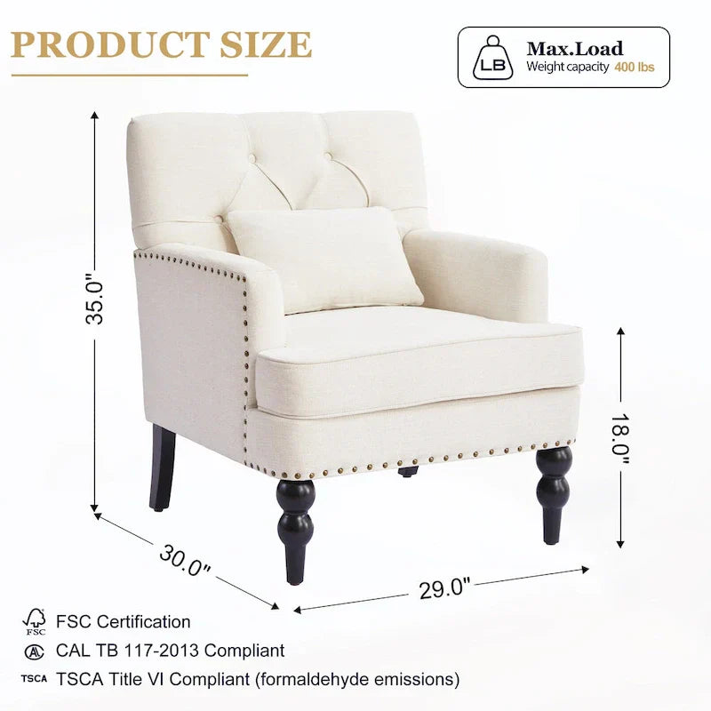 Set of 2 Arm Chair Upholstered Button Tufted Accent Chair with Lumbar Pillow Beige/ Grey/ Light Blue