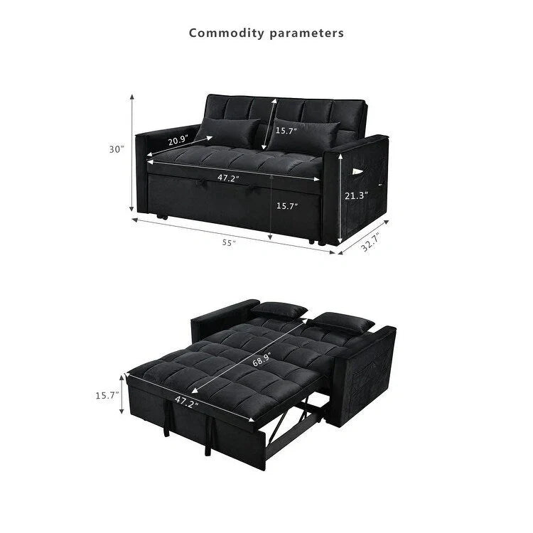 Modern Velvet Futon Loveseat with Reclining Backrest & Pockets, Seats 2 â€?Dark Gray / Light Gray / Blue / Black