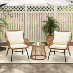3-Piece Patio Conversation Bistro Set, Outdoor Rattan Furniture Set with Glass Table & 2 Wide Armchairs, Seat Cushions
