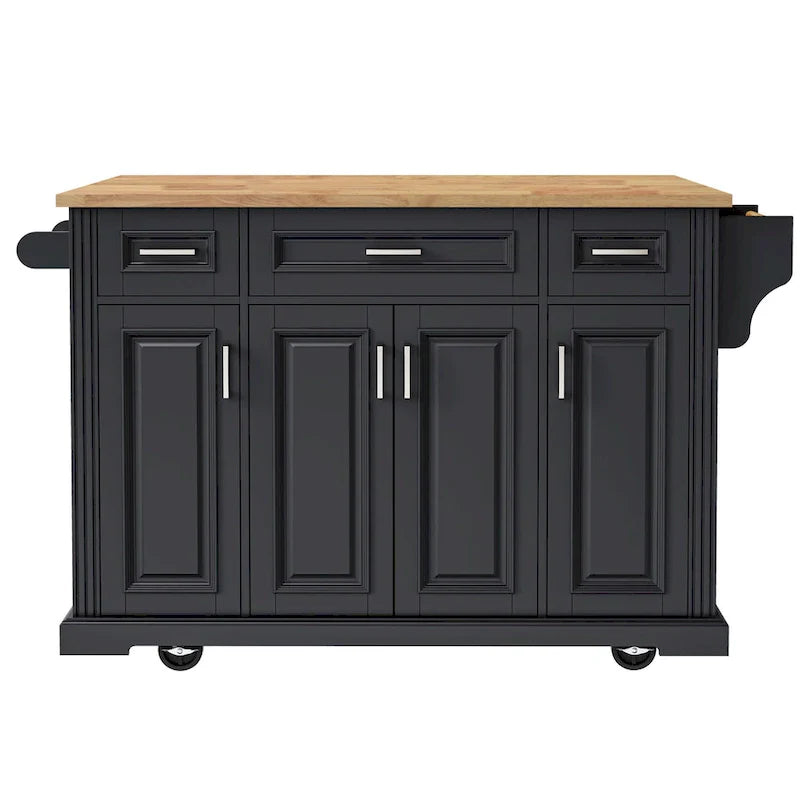 54  Large Kitchen Island with Rubber Wood Drop Leaf, Embossed Texture Rolling Kitchen Cart on 4 Wheels with 4 Doors & 3 Drawers